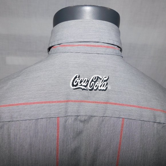 VTG 90s Coca Cola Work Uniform Shirt Mens 16 - 16.5 (M) Red Gray stripe Patch - Picture 8 of 10